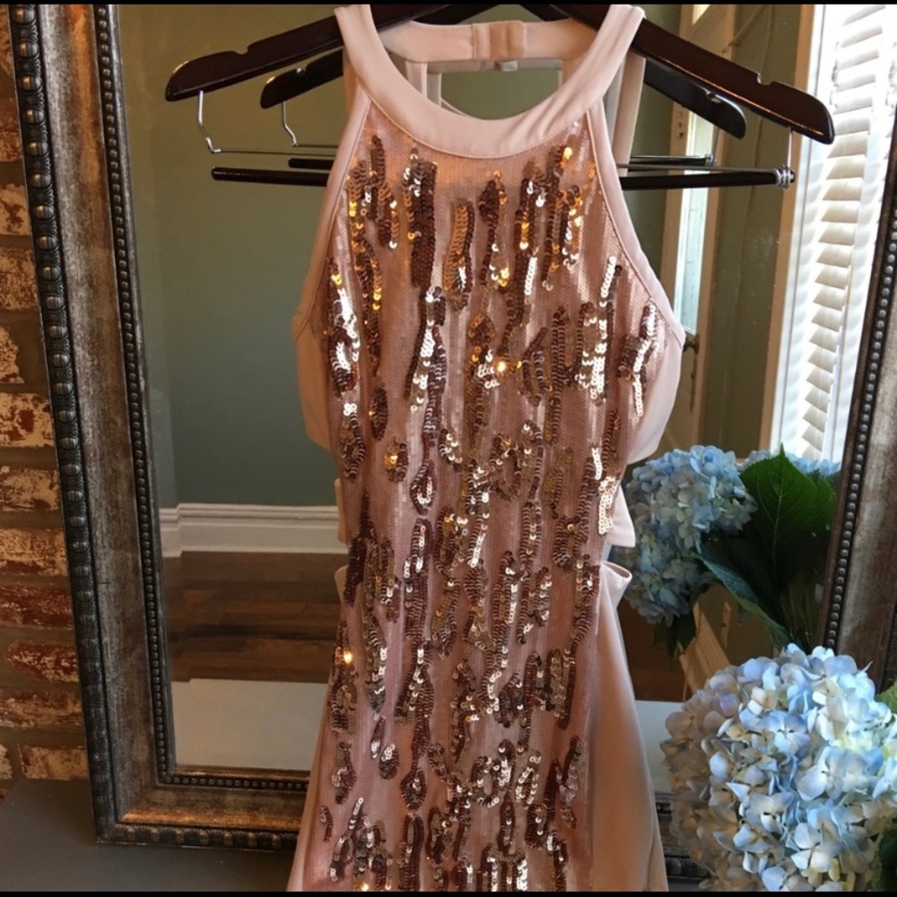 BEBE rose gold sequin dress